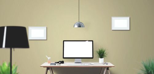 Computer display and office tools on desk. Mockup Scene Creator