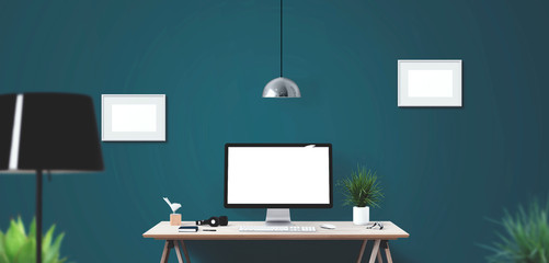 Computer display and office tools on desk. Mockup Scene Creator