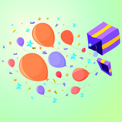A box with a surprise at the party from which flies confetti, stars and balloons, purple