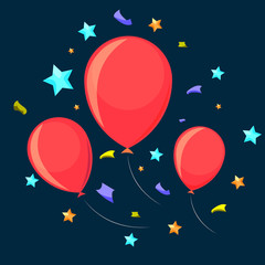 Three balloons of scarlet color flying with stars and confetti
