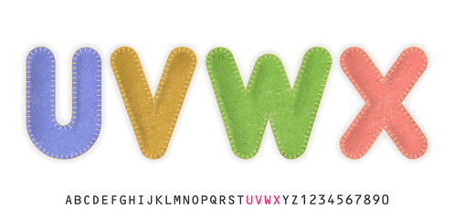 Uppercase realistic letters U, V, W, X made of color felt fabric. For festive cute design. - obrazy, fototapety, plakaty