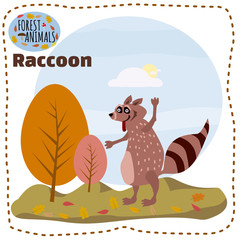 Cute squirrel, on a background of a landscape with elements of forest, trees, forest animals, cartoon style, banner, vector, illustration