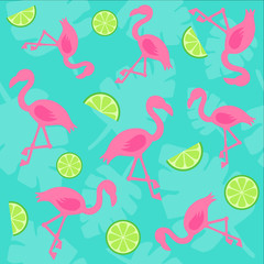 Mint tropical seamless pattern with pink flamingo and green lime on white transparent leaves. Colorful vector illustration doodle drawing background.