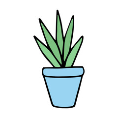 Cute little cacti in blue plant pot. Vector illustration doodle cartoon drawing. Isolated cactus sticker icon.