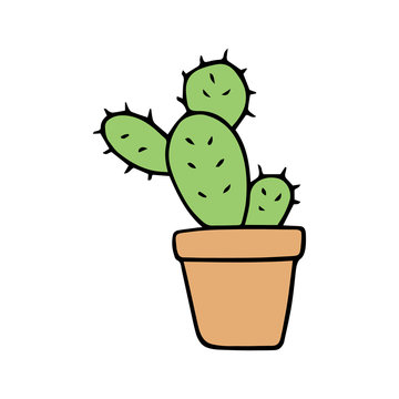 Cute little cacti in orange or beige plant pot. Vector illustration doodle cartoon drawing. Isolated cactus sticker icon.
