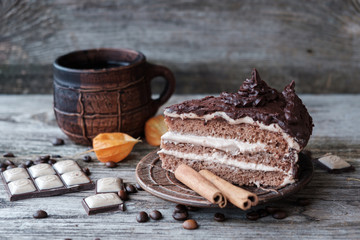 chocolate cake and coffee mug