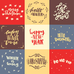 Vector collection of holiday cards with hand-drawn trendy lettering on theme of Christmas, winter, New Year.