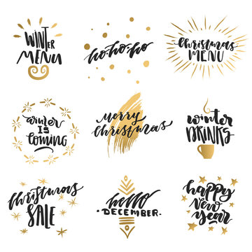 Vector collection of hand-drawn trendy black lettering with golden elements on theme of Christmas, winter, New Year.
