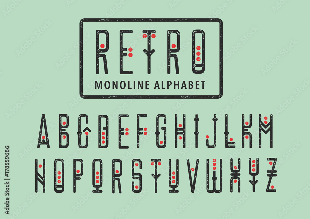 Poster vector alphabet set. capital letters in geometric retro style with red points. for hipster theme, gr