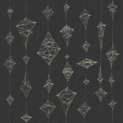 Vector seamless hand-drawn pattern. Three dimensional geometric forms, pyramids of thin line connected to each other. White ornament on dark corrugated background.