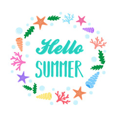 Hello summer, marine creatures shaped in circle, vector illustration doodle drawing. Ocean greeting card isolated on white background.