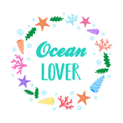 Ocean lover, marine creatures and elements shaped in circle, vector illustration doodle drawing. Ocean greeting card isolated on white background. - obrazy, fototapety, plakaty