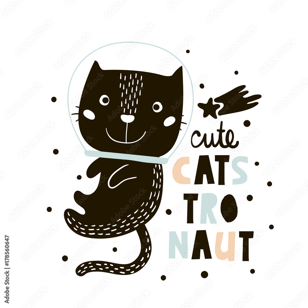 Wall mural Cute cat in space print. Childish vector illustration in scandinavian style. Perfect for kids and baby apparel design, wall art, poster