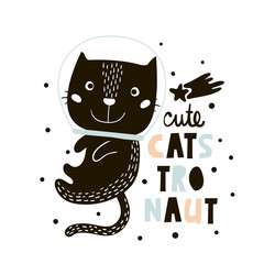 Cute cat in space print. Childish vector illustration in scandinavian style. Perfect for kids and baby apparel design, wall art, poster