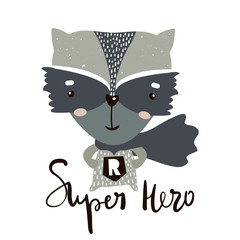 Cute cartoon little raccoon hero. Childish print for nursery, kids apparel,poster, postcard. Vector Illustration