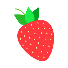Cute strawberry vector cartoon icon, light red strawberry with green leaves and tiny yellow seeds. Summer red fruit berry isolated on white background.