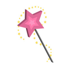 Magic wand vector illustration. Cartoon spatial star magical wand in pink color. Isolated on white background.