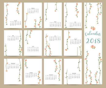 Colorful cute monthly calendar 2018 with leaf and flower.Can be used for web,banner,poster,label and printable