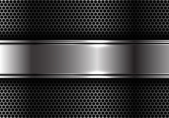 Abstract silver banner overlap on metal hexagon mesh design modern luxury futuristic background texture vector illustration.