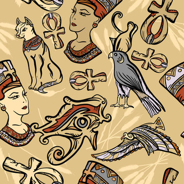 Ancient Egypt seamless pattern, old school tattoo. Classic flash tattoo style Egypt, patches and stickers. Pharaoh, ankh, eye Ra,  Nefertiti, cat.  Ancient Egypt art pattern
