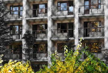 War and Peace - a ruined building against a backdrop of colored autumn trees
