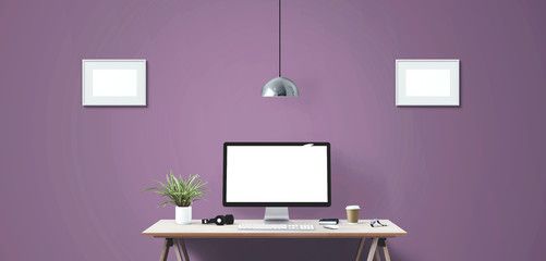 Computer display and office tools on desk. Desktop computer screen isolated. Modern creative workspace. Front view.
