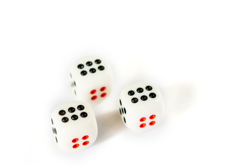 Three dices have triple six point isolated on white background.