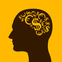 Economist, banker, investor or greed person - man is thinking about money, wealth and finance. Vector illustration of head. Symbol of euro and US dollar instead brain.