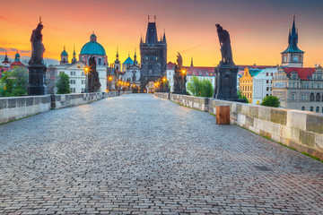 Amazing medieval stone Charles bridge with statues, Prague, Czech Republic