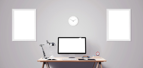 Computer display and office tools on desk. Desktop computer screen isolated.