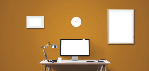 Computer display and office tools on desk. Desktop computer screen isolated. Modern creative workspace background. Front view.