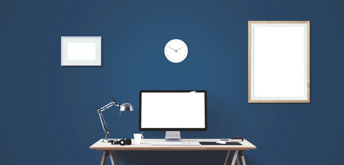 Computer display and office tools on desk. Desktop computer screen isolated. Modern creative workspace background. Front view.