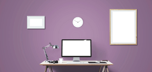 Computer display and office tools on desk. Desktop computer screen isolated. Modern creative workspace. Front view.