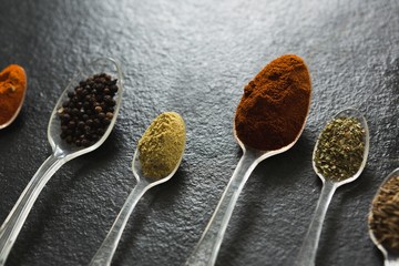 Various type spices on spoon