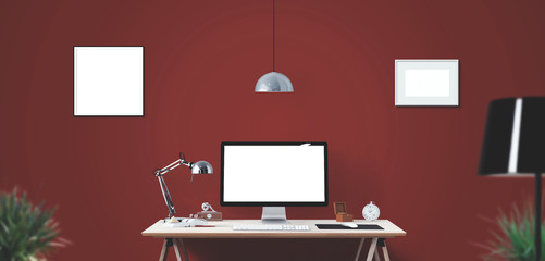 Computer display and office tools on desk. Desktop computer screen isolated. Modern creative workspace background. Front view.