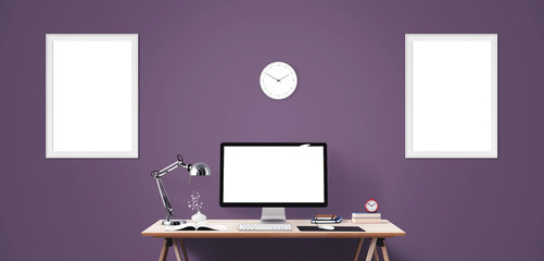 Computer display and office tools on desk. Desktop computer screen isolated. Modern creative workspace background. Front view.