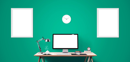 Computer display and office tools on desk. Desktop computer screen isolated. Modern creative workspace background. Front view.