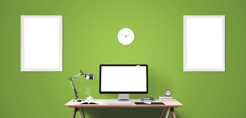 Computer display and office tools on desk. Desktop computer screen isolated. Modern creative workspace background. Front view.