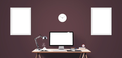 Mockup Scene CreComputer display and office tools on desk. Desktop computer screen isolated. Modern creative workspace background. Front view.ator