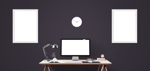 Mockup Scene CreComputer display and office tools on desk. Desktop computer screen isolated. Modern creative workspace background. Front view.ator