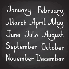 Vector illustration. Hand drawn lettering lettering of calendar months as January, February, March, May, July, August, October and December. Year seasons almanac