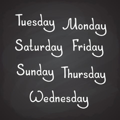 Vector illustration. Hand drawn lettering of days of the week as Wednesday, Friday, Saturday and Sunday. Decoration for menus, signboards, showcases, greeting cards.
