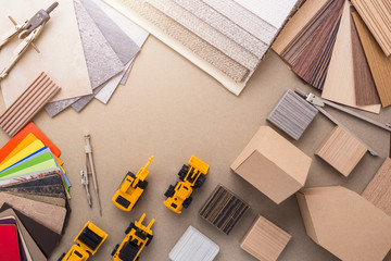 design concept with material sample with stone laminate veneer wooden pencil with free copy space...