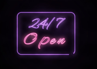 Neon Open 24/7 sign on   black background.