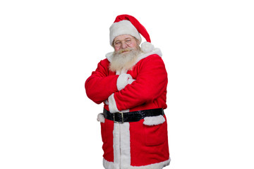 Santa Claus crossed arms on white background. Kind bearded Santa Claus with ams folded over white background. Studio shot of realistic Santa Claus.