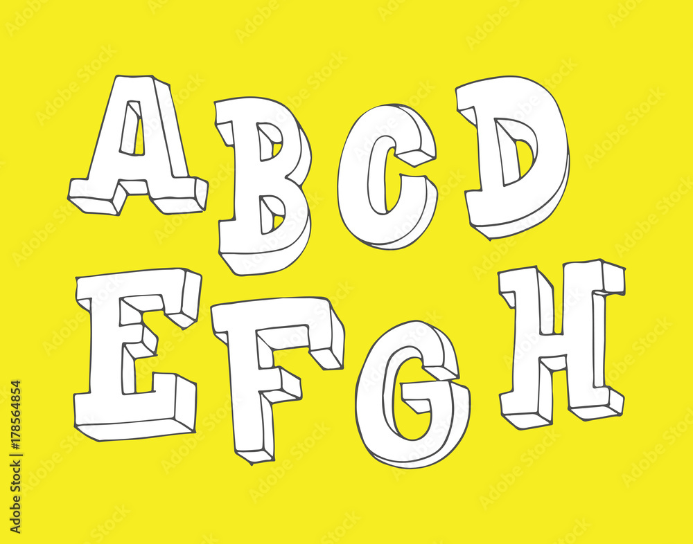 Poster hand drawn letters sequence from a to h in 3d style isolated on background