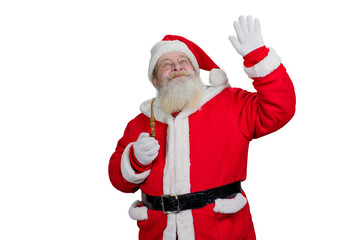 Santa Claus doing gesture on white background. Santa Claus waving with hand and looking upwards on white background. Santa with smoking pipe.