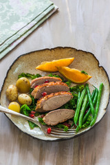 Roast duck fillets with orange marmalade and chilli glaze