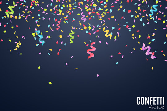 Many Falling Multicolored Confetti And Ribbons On A Dark Blue Background. Celebratory Background On Birthday. Place For Your Project. Vector