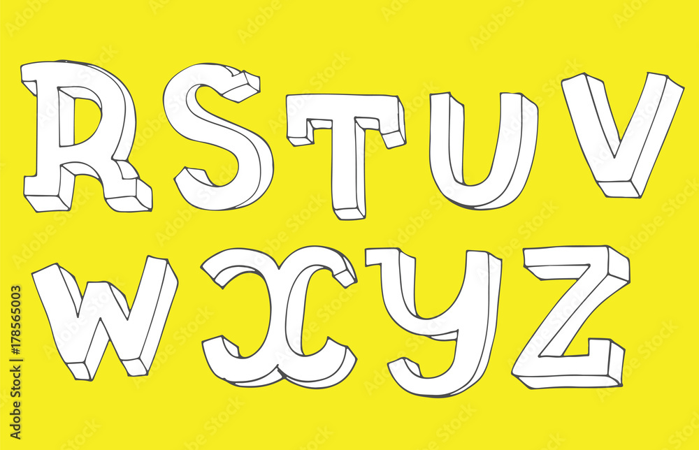 Poster vector 3d letters sequence from r to z in hand drawn imperfect style. typography font design good fo